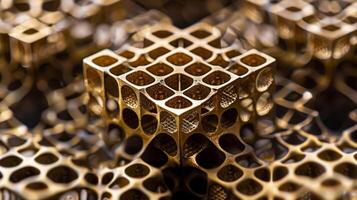 A photo of a minuscule multidimensional lattice structure with intricate patterns etched into each cell. acoustic metamaterial has designed to selectively absor