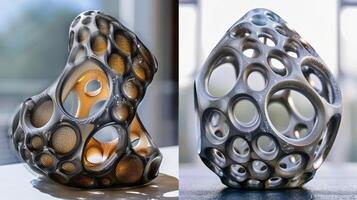 A sidebyside comparison of a traditional 3D printed object and one that has enhanced with holographic details demonstrating the innovative possibilities when combinin photo