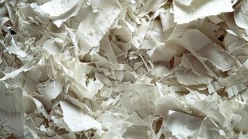 A closeup of a pile of shredded paper ss waiting to be transformed into a new creation through paper mache. The mix of different textures and sizes of paper pieces hint a photo