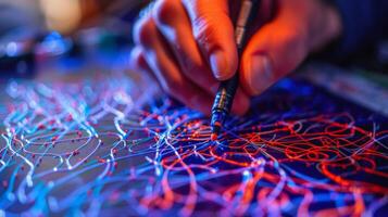 An artists hand carefully shaping plastic filaments using a 3D pen. The intricate patterns and shapes being created showcase the limitless potential of experimental techniqu photo