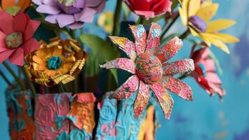 A detailed image of a paper mache vase showcasing the unique texture and depth created by layering shredded paper and glue. The vase is adorned with colorful paper flower photo