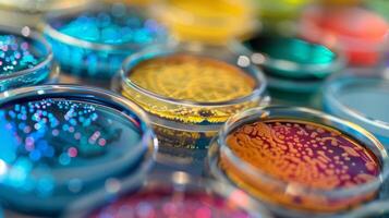 A closeup of a petri dish filled with a colorful array of bacterial colonies each colony representing a unique genetic circuit that has successfully engineered photo
