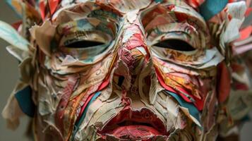 A detailed shot of a finished paper mache mask showcasing the delicate layers of shredded paper that have meticulously glued together to create a smooth and sy surface photo