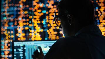 The backlit display of a computer screen showing intricate lines of code as a researcher designs and simulates a new genetic circuit on specialized software photo