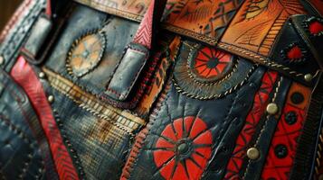 A closeup of a handbag made from repurposed leather ss. The design features beautiful stitching and handpainted patterns showcasing the creative reuse of materials in sustainabl photo