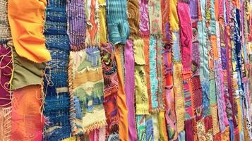 An artistic wall hanging made from strips of recycled fabric intricately woven together to create a stunning tapestry of color and texture photo