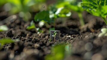 A closeup image of a tiny piezoelectric sensor planted in soil reveals its potential to generate electricity from everyday actions such as walking or gardening making it photo