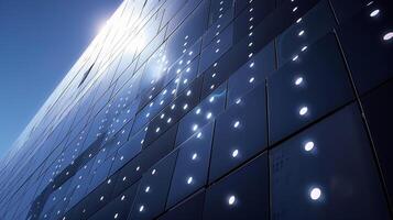 Closeup of the final product a building facade adorned with multiple luminescent solar concentrator panels generating clean energy from the sunlight it receives photo