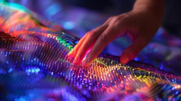 A closeup of a users hand tapping on a fabric surface triggering colored lights and holographic projections to appear on the fabric. The interactive element adds a new laye photo