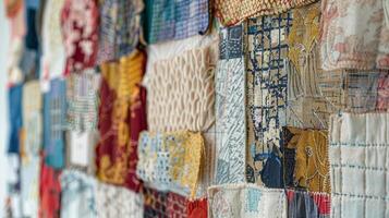 A zoomedin view of a wall art installation created from a patchwork of upcycled textiles and showcasing a thoughtprovoking message or quote through the use of different fabri photo