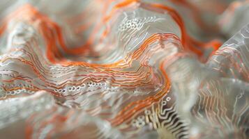 A detailed shot of a fabric swatch with a complex circuit pattern embroidered onto it. The delicate threads seamlessly merge technology and textiles proving that these seemingl photo