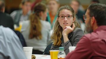 A lively discussion takes place as attendees debate the benefits of renewable energy sources versus traditional fossil fuels photo