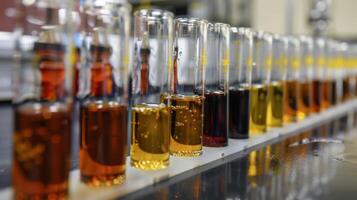 A series of test tubes filled with different colored liquids are lined up on a lab bench indicating different types of petroleum photo
