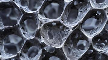 A magnified image of the surface of aerographite showcasing its uniform texture and porous structure. The threedimensional lattice mode of production creates a honeycomblik photo