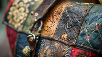 A detailed closeup of a handbag made from upcycled leather and fabric featuring intricate handstitched designs and upcycled hardware photo
