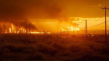 The golden glow of the setting sun casting an eerie light on the oil fields with flames flickering in the distance photo