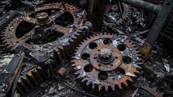 Broken metal gears gears and other machinery tered throughout the site now useless and forgotten photo