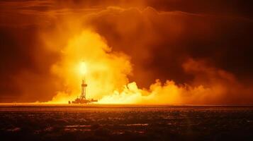 A lone drilling rig silhouetted against a backdrop of flaring gas creating a dramatic contrast between manmade and natural elements photo