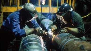 Two workers carefully weld together sections of pipe their faces obscured by protective masks photo