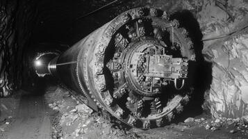 A large cylindrical machine known as a continuous miner chomping away at the walls of a mine to create a designated area for coal extraction photo