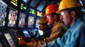 Engineers and technicians in hard hats working intently on a bank of computer monitors photo