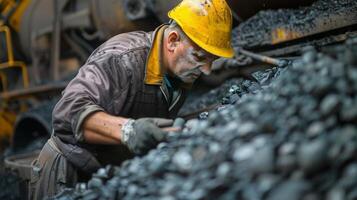 A worker using a specialized tool to extract coal from an oven as part of the maintenance process photo