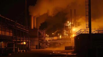 A night shot of an industrial area illuminated by the bright orange glow of several industrial steam boilers working hard photo
