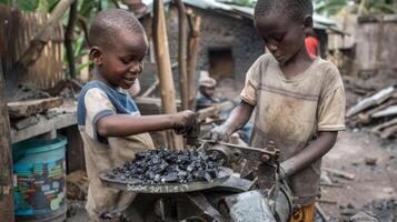 Two young boys take turns using a simple handcranked machine to grind up pieces of charred wood creating a fine charcoal powder photo