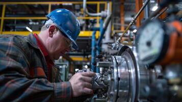A technician inspecting the energy usage of machinery and making adjustments for optimal efficiency photo