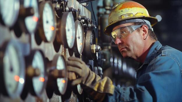 A foundry worker monitoring a bank of gauges and dials attached to several furnaces ensuring optimal performance photo