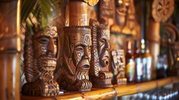 Wooden tikis tiki masks and bamboo accents create an authentic island atmosphere at this bustling tiki bar photo