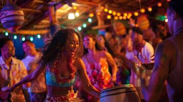 The sounds of live music draw a crowd to a vibrant tiki bar where dancers twirl and sway to the beat photo