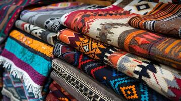 A colorful array of handwoven Navajo blankets showcasing traditional patterns and designs photo