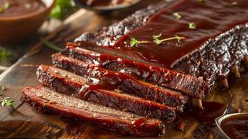 A perfectly cooked juicy brisket smothered in a tangy barbeque sauce ready to be sliced and served at the cookout photo