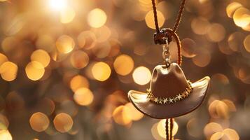 A cowboy hatshaped charm dangles from a leather cord adding a unique touch to a bracelet photo