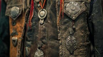 A worn and faded leather vest adorned with Navajo silver conchos representing the fusion of cowboy and American Indian cultures photo