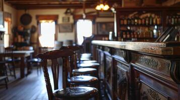 A recreated saloon area complete with a wooden bar and a set of poker tables a reminder of the social hub that the trading post became for cowboys and travelers passing through photo