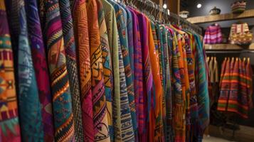A display of handdyed silks in bold colors and patterns showcasing the fusion of Western and Indigenous influences in art and design photo