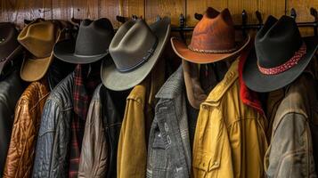 A collection of cowboy hats and coats hang on a coat rack ready to be donned in the event of a sudden shootout photo
