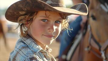 A camper confidently navigating through a barrel racing course on horseback with a determined look in their eyes photo