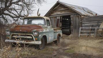 An old pickup truck covered in dust and adorned with cow horns parked in front of a weathered wooden barn photo