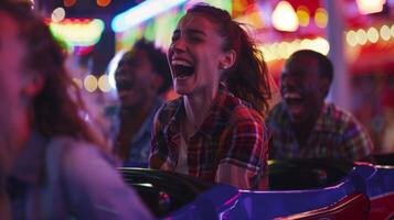 A group of friends screams and laughs as they take turns riding a virtual mechanical bull each trying to outdo the others photo