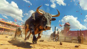 A team of bullfighters quickly distract and divert a charging bull their teamwork and reflexes put to the test in the virtual rodeo arena photo