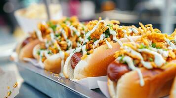 A modern and minimalist food truck featuring gourmet hot dogs with creative toppings such as ranch dressing and crispy fried onions photo