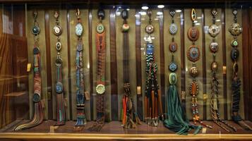 A display case filled with beautifully crafted bolo ties each one unique in its design and materials photo