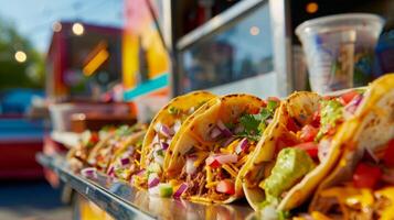 A brightly colored food truck decorated with images of rolling hills and cowboys serving up TexMex creations like smoky pulled pork quesadillas and tangy BBQ chicken tacos photo