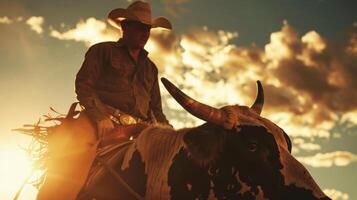 A closeup shot of a cowboys face determined and focused as he prepares to ride a fierce bull beneath the starfilled sky photo