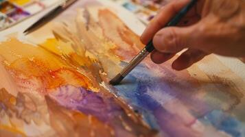 Participants experiment with different color combinations and techniques using the vibrant hues of their watercolor paints to capture the essence of the rugged Western terrain photo