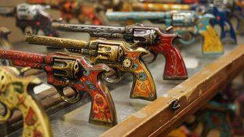 A collection of tin toy cap guns with intricate designs and bright accents add a touch of excitement to the display photo