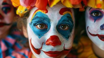 A group of clowns practicing their makeup skills adding colorful designs and patterns to their faces photo